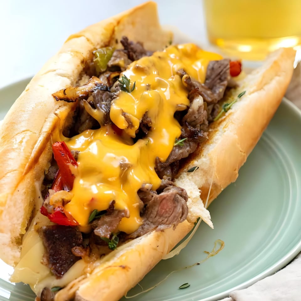 NY Style Delicatessen's cheesesteak sandwich, overflowing with steak, peppers, onions, and melted cheese.